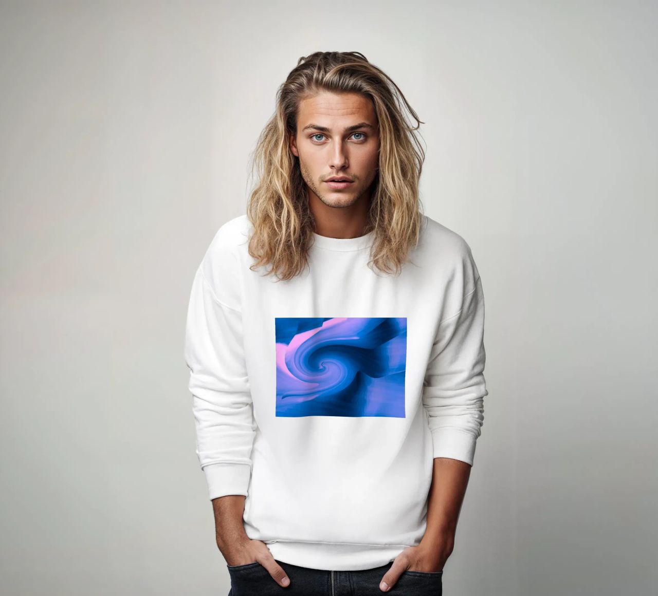Abstract circular twisted pattern in blue and pink sweatshirt by Something for you