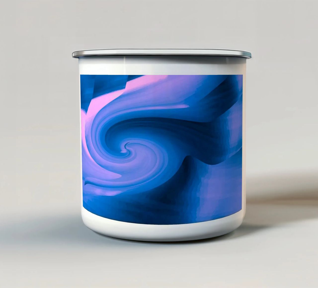 Abstract circular twisted pattern in blue and pink enamel mug by Something for you