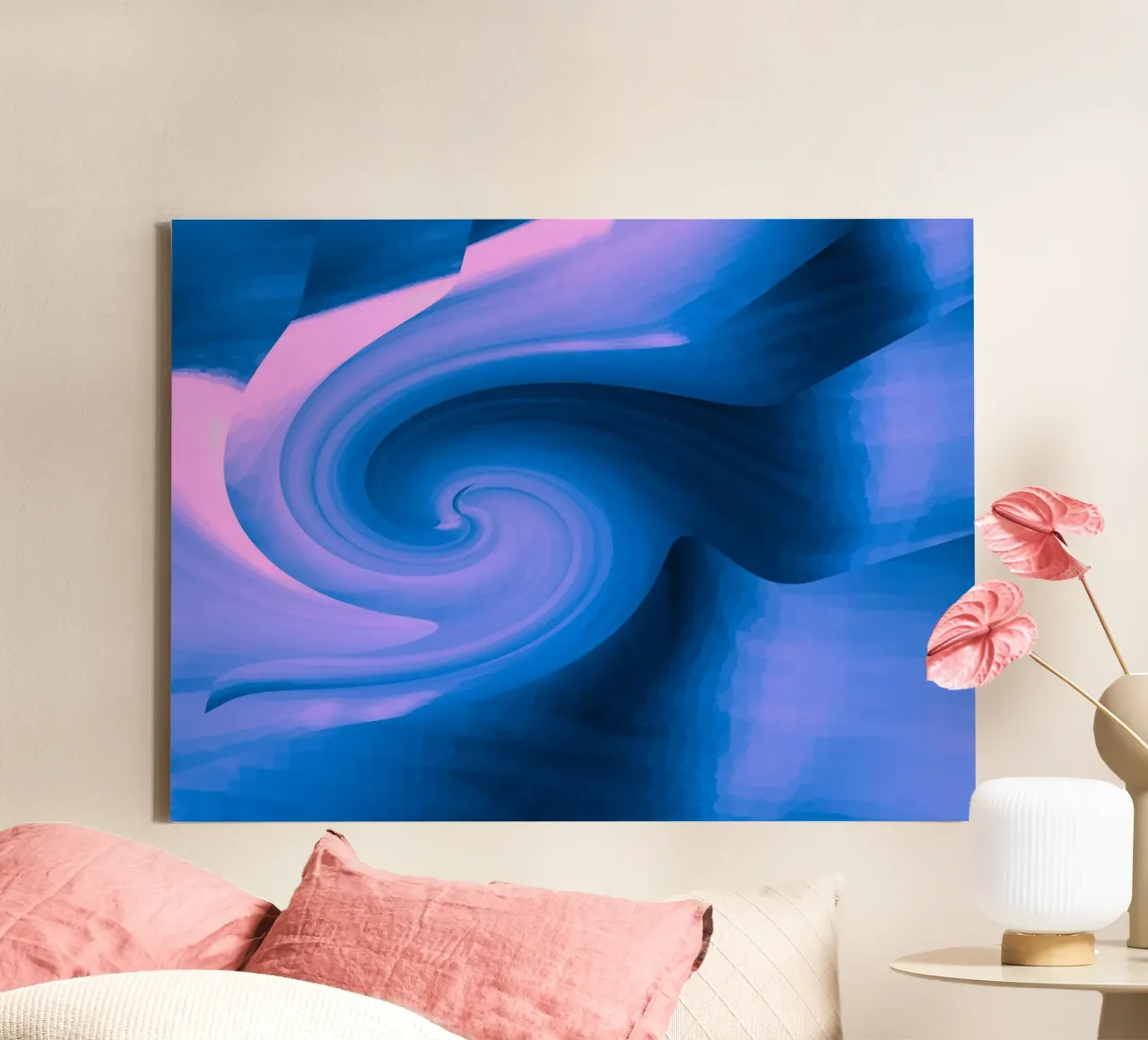 Abstraktes kreisförmiges gedrehtes Muster in blau und pink Leinwand von Something for you