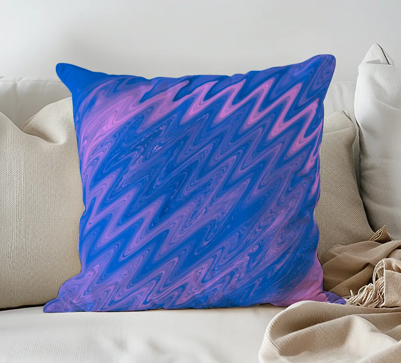 Abstract zig zag pattern in blue and pink decorative cushion by Something for you