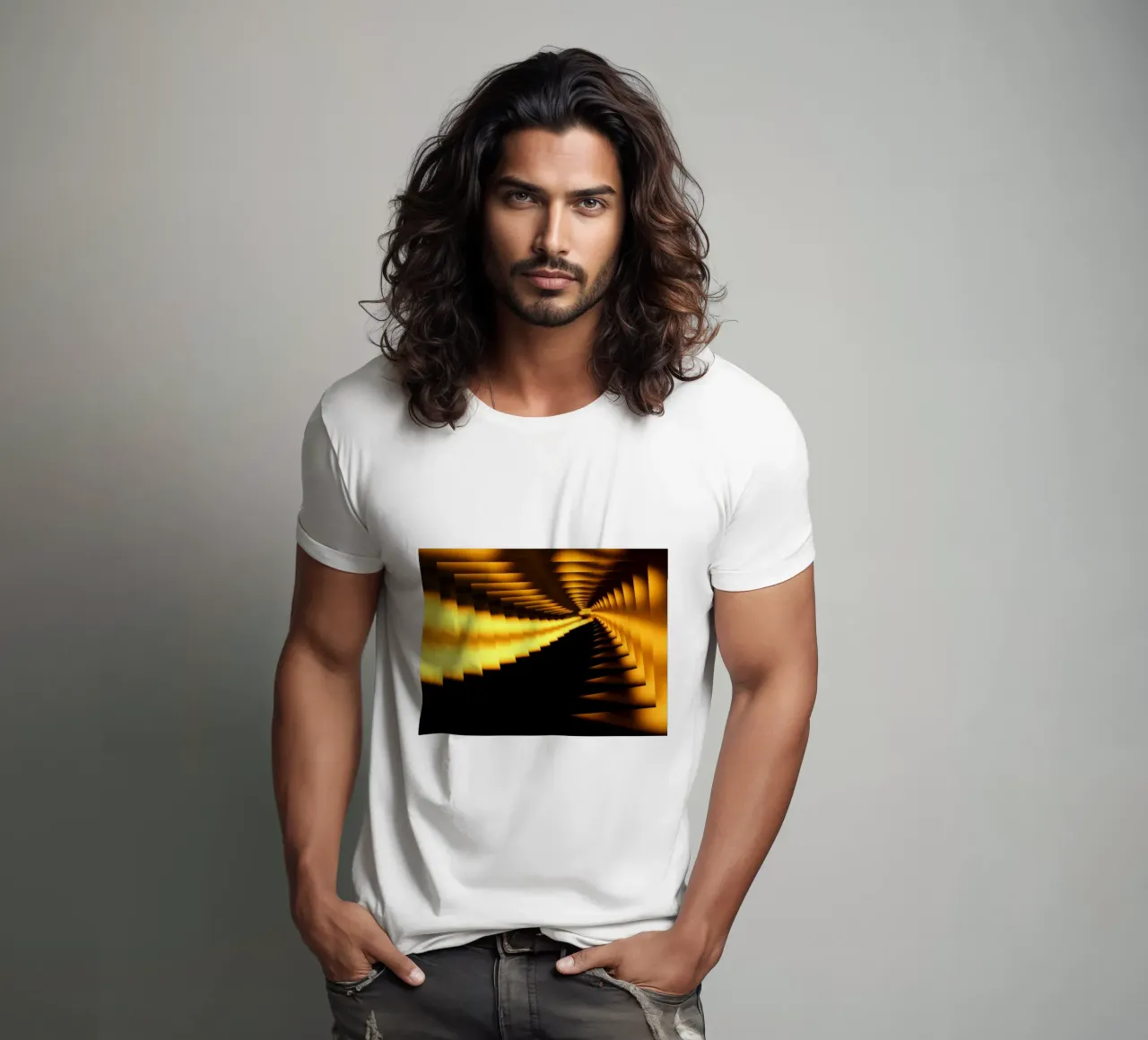 Abstract dynamic pattern in yellow and black t-shirt by Something for you