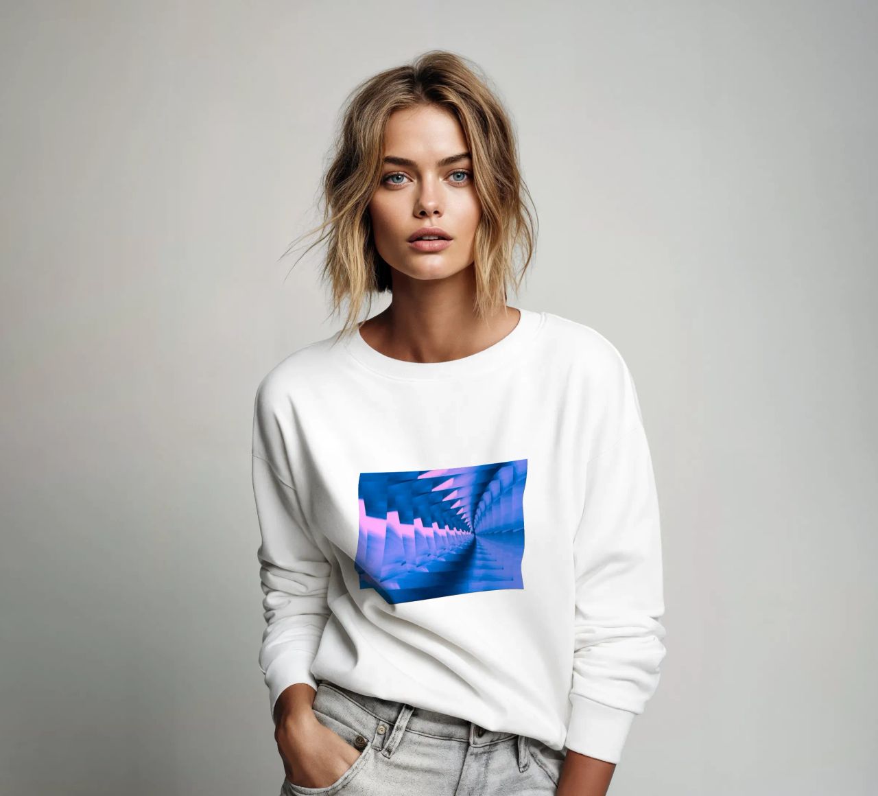 Abstract dynamic twisted pattern in blue and pink sweatshirt by Something for you