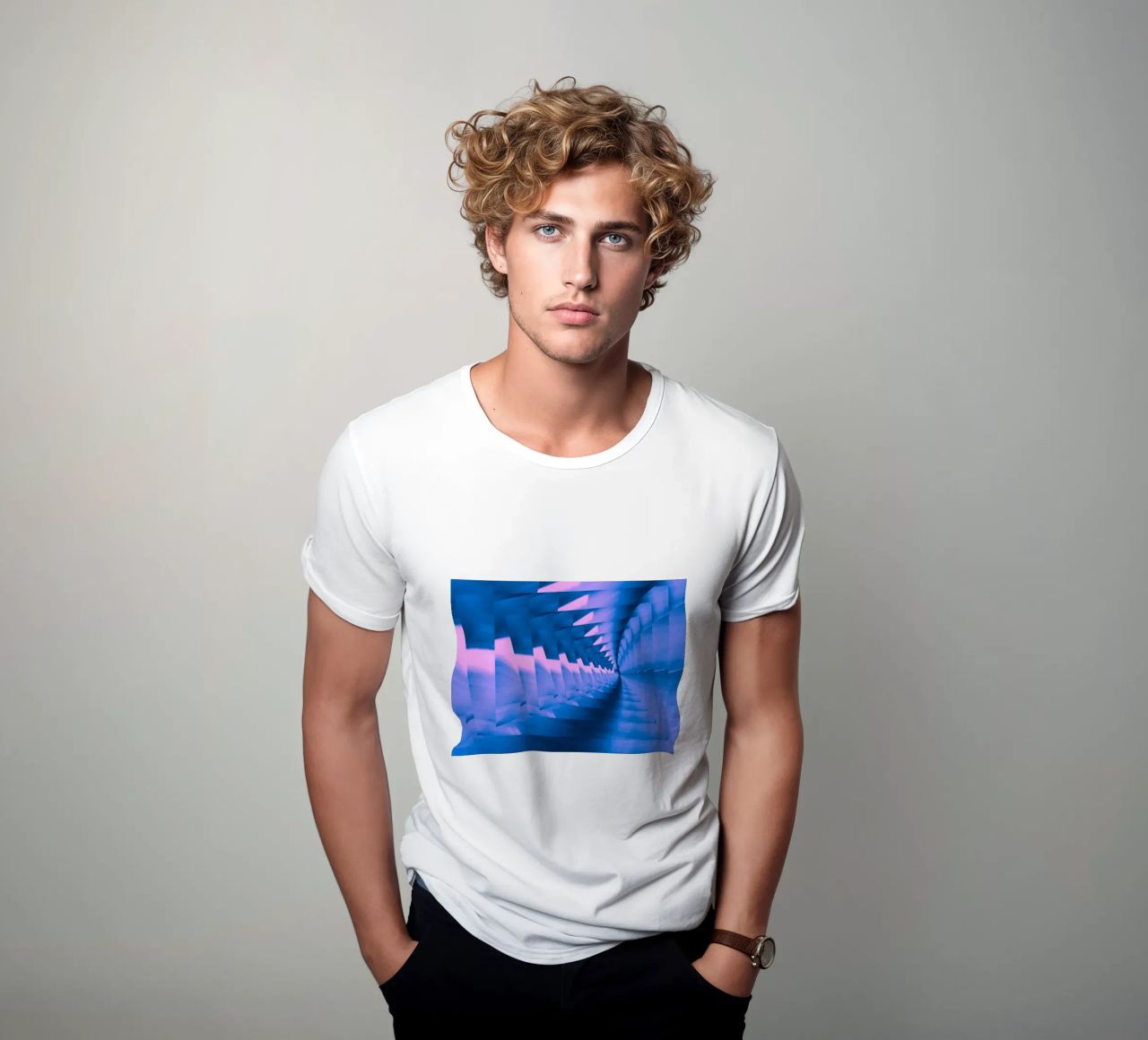 Abstract dynamic twisted pattern in blue and pink t-shirt by Something for you