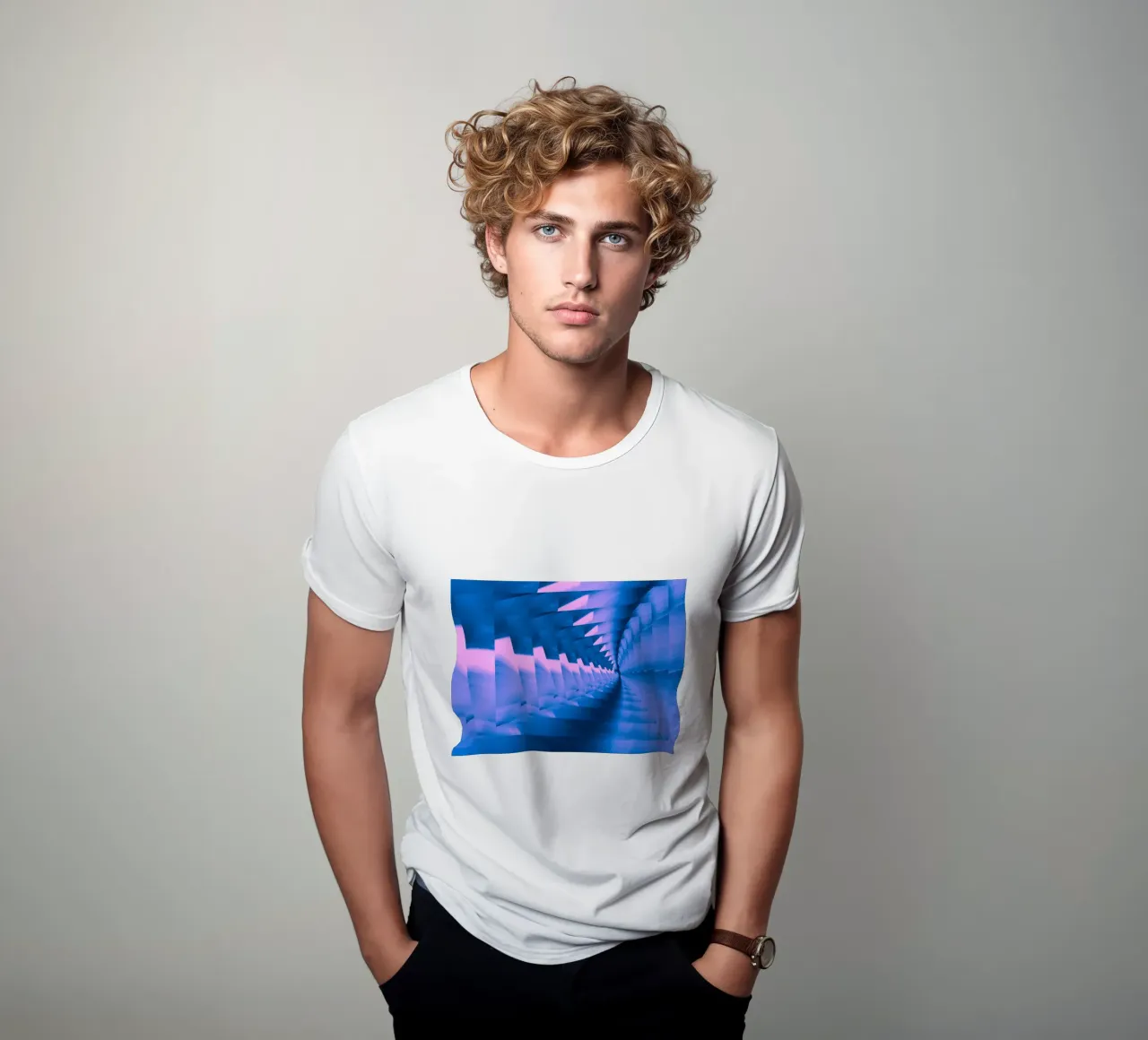 Abstract dynamic twisted pattern in blue and pink t-shirt by Something for you