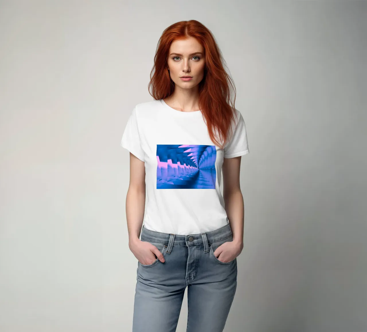 Abstract dynamic twisted pattern in blue and pink t-shirt by Something for you