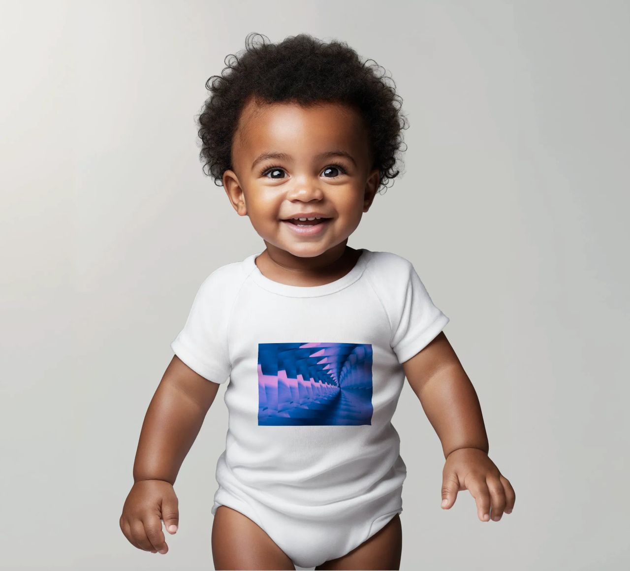Abstract dynamic twisted pattern in blue and pink short-sleeve baby romper by Something for you