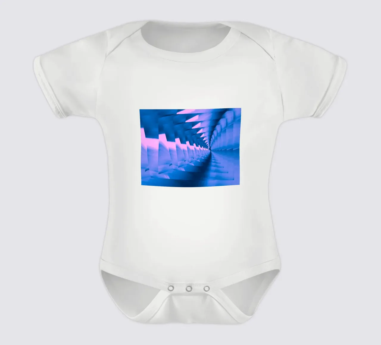 Abstract dynamic twisted pattern in blue and pink short-sleeve baby romper by Something for you