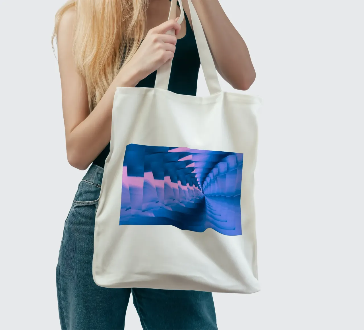 Abstract dynamic twisted pattern in blue and pink tote bag by Something for you