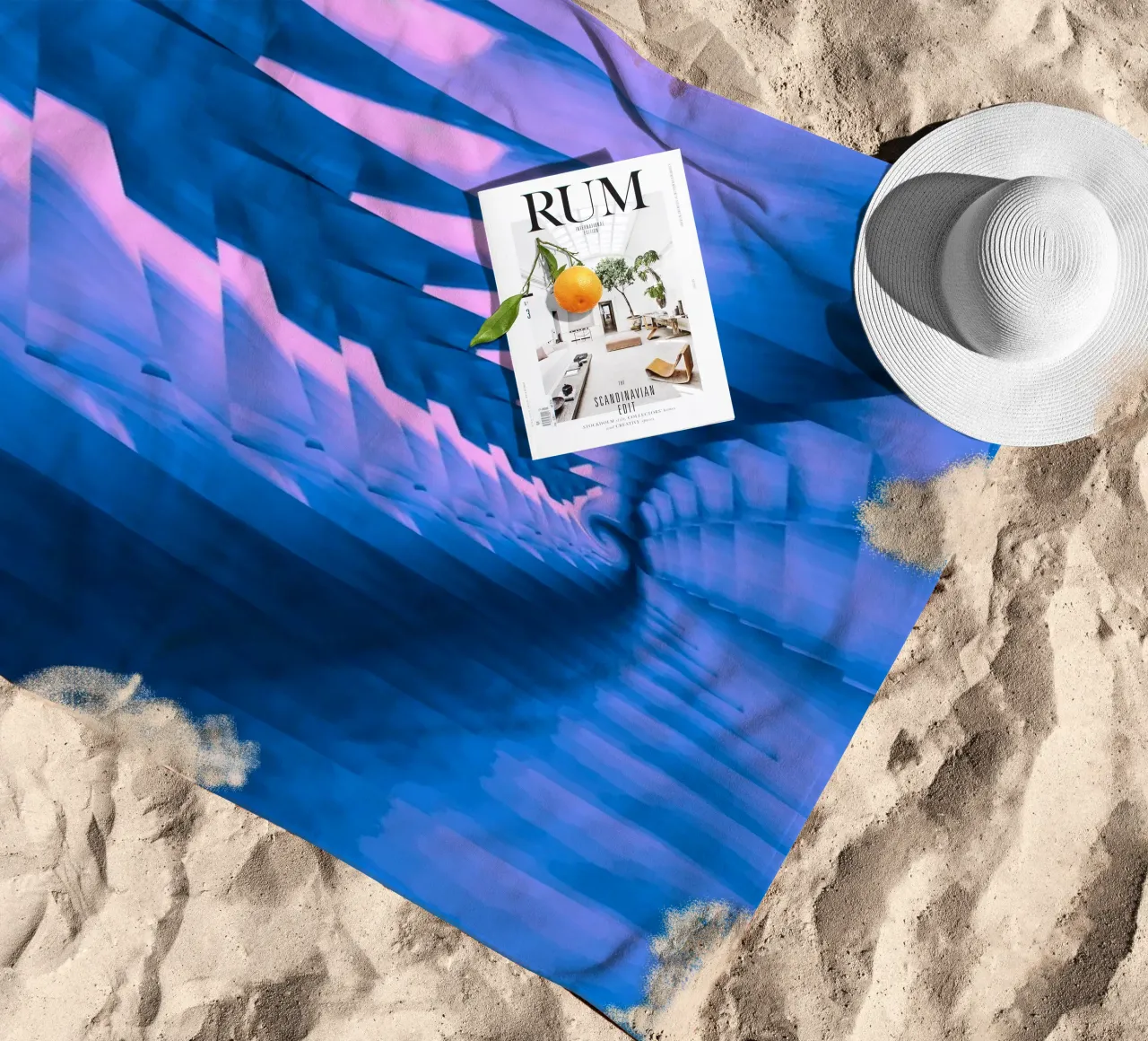 Abstract dynamic twisted pattern in blue and pink beach towel by Something for you