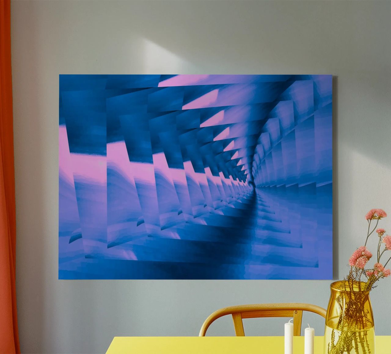 Abstract dynamic twisted pattern in blue and pink canvas by Something for you