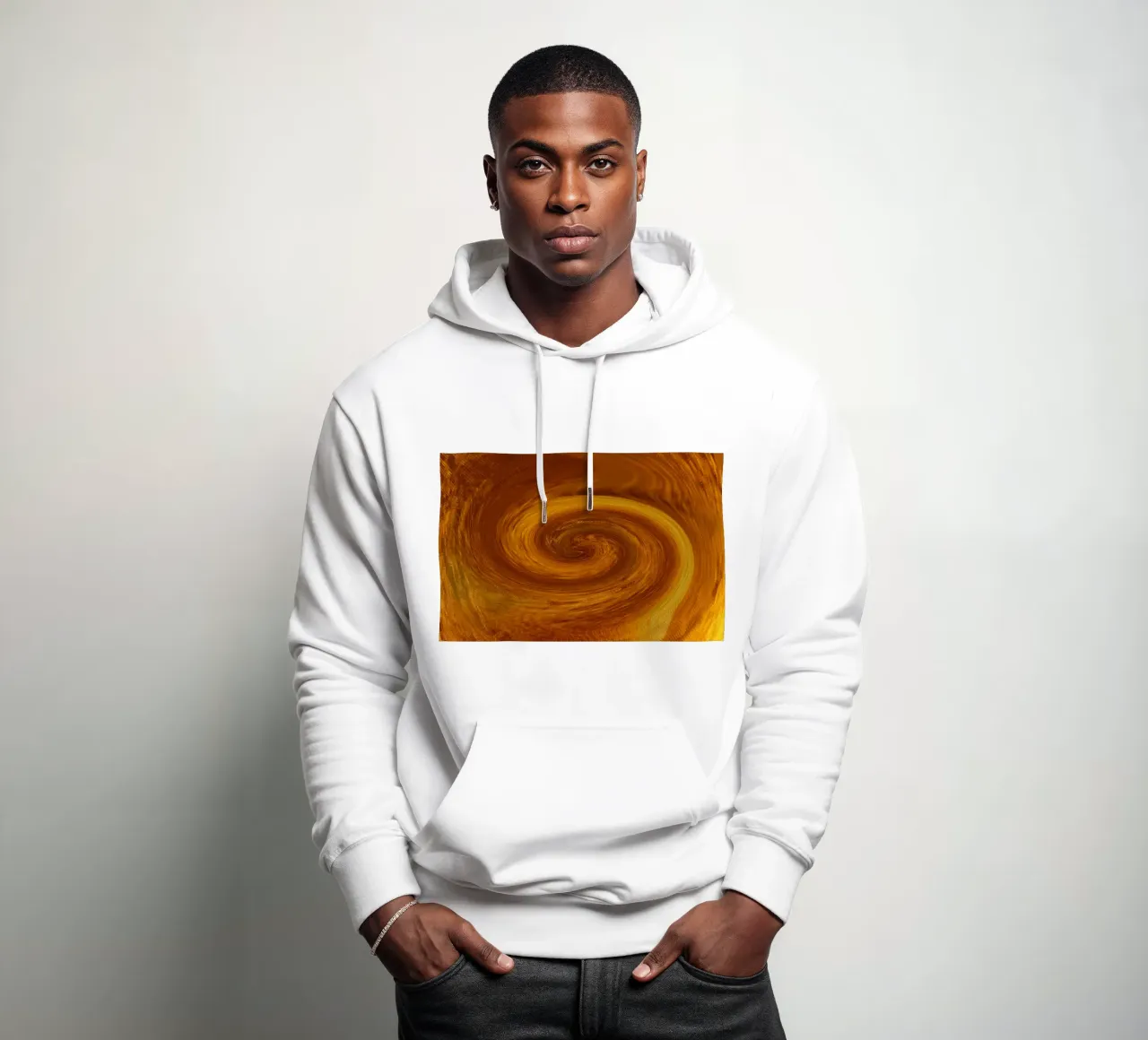 Abstract dynamic twisted pattern in orange and brown hoodie by Something for you