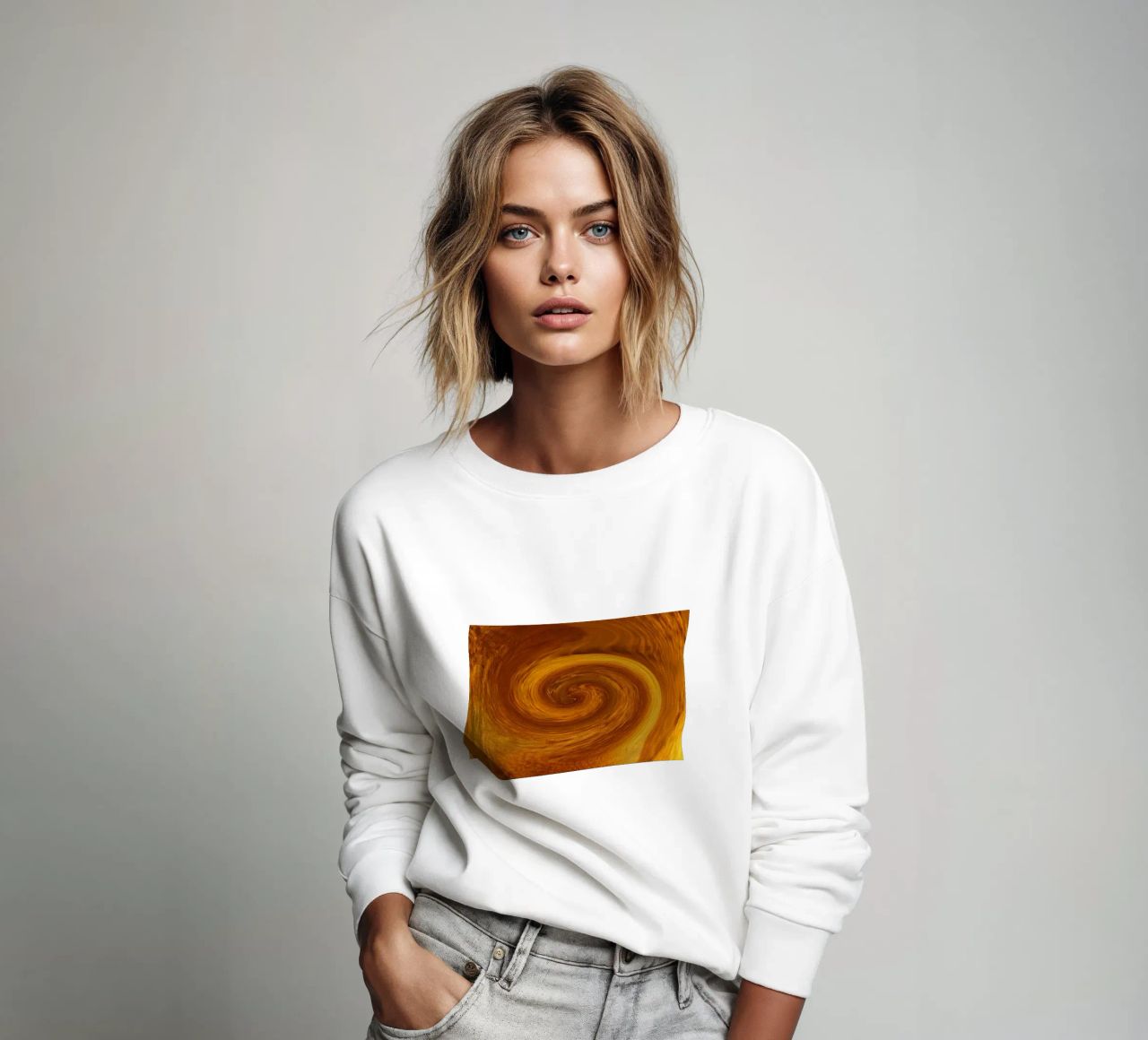 Abstract dynamic twisted pattern in orange and brown sweatshirt by Something for you