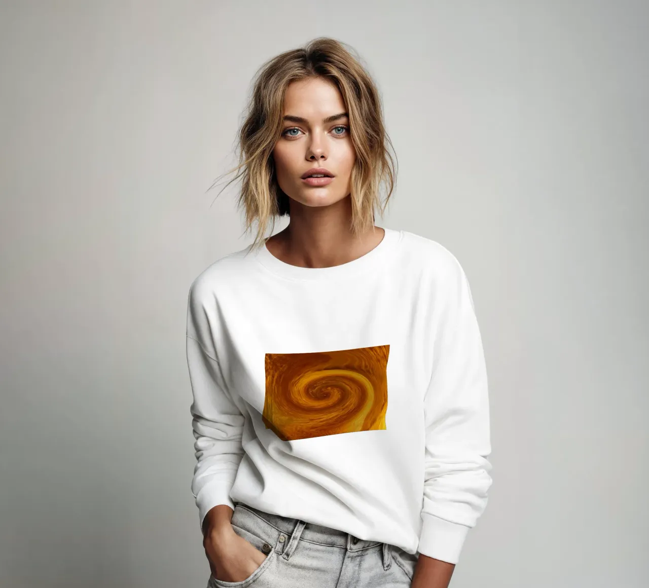 Abstract dynamic twisted pattern in orange and brown sweatshirt by Something for you