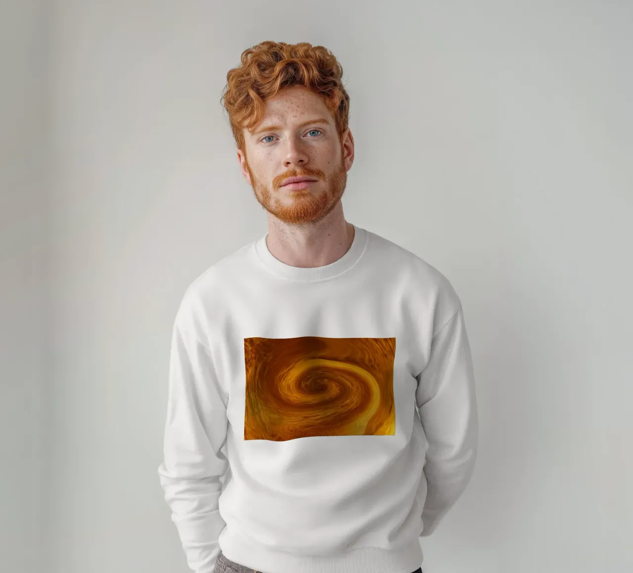Abstract dynamic twisted pattern in orange and brown sweatshirt by Something for you