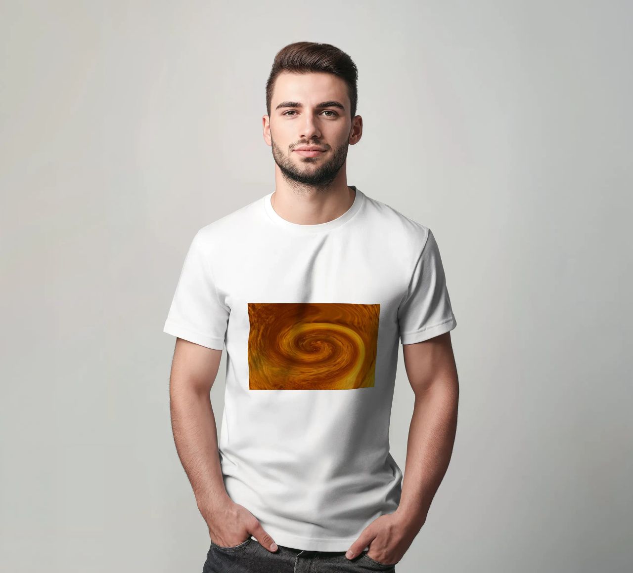 Abstract dynamic twisted pattern in orange and brown t-shirt by Something for you