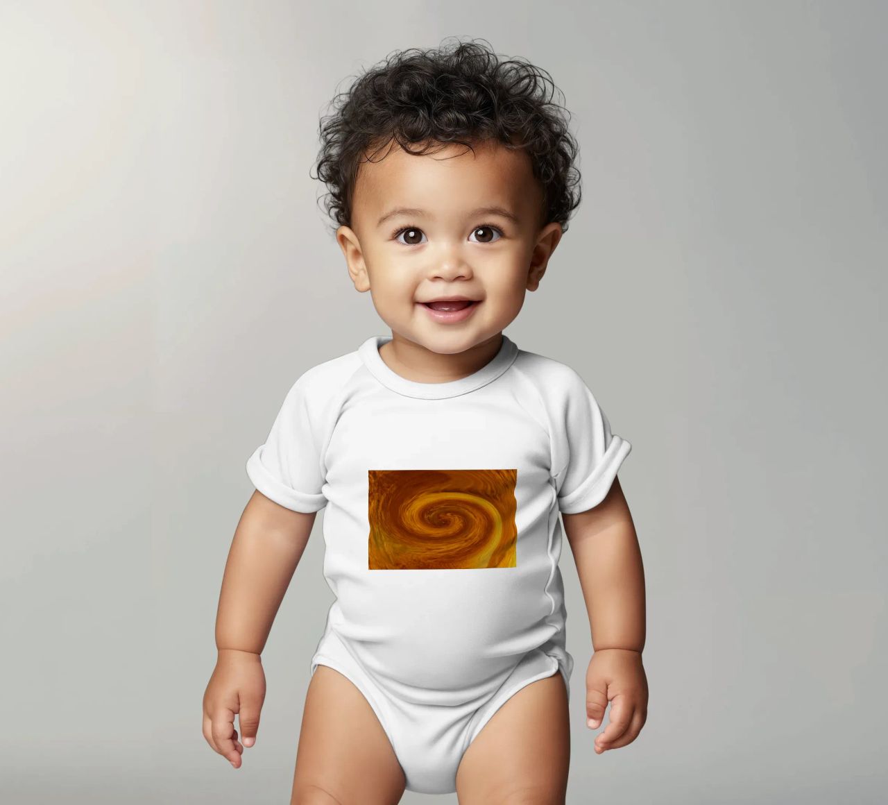 Abstract dynamic twisted pattern in orange and brown short-sleeve baby romper by Something for you