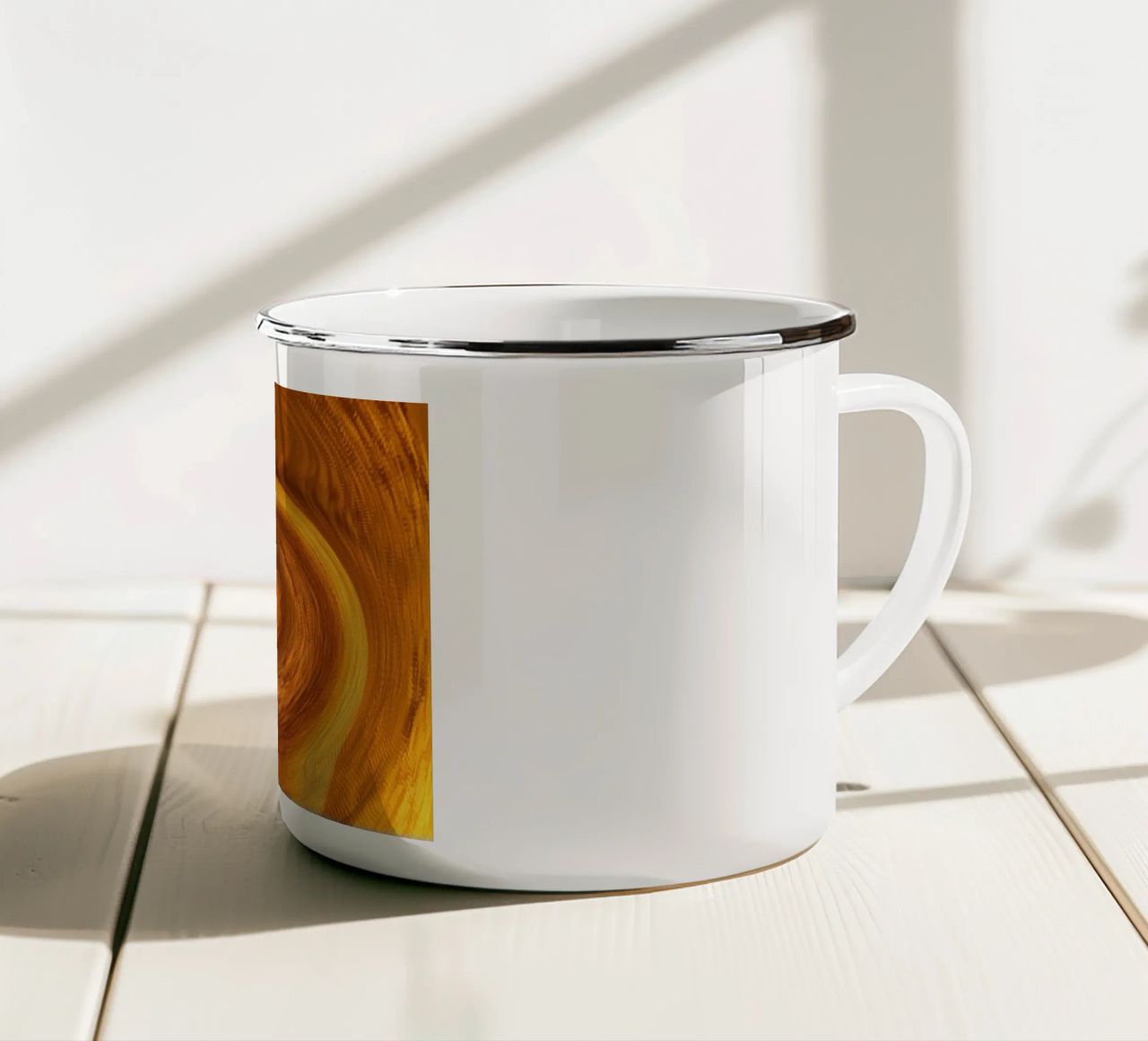 Abstract dynamic twisted pattern in orange and brown enamel mug by Something for you