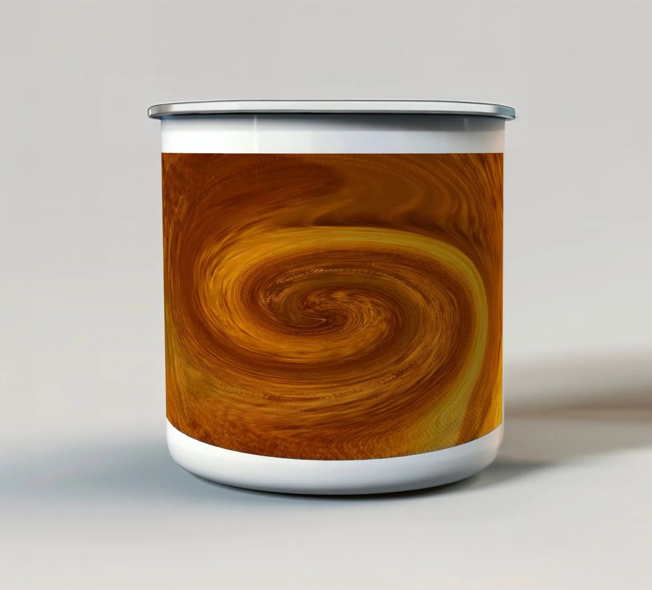 Abstract dynamic twisted pattern in orange and brown enamel mug by Something for you