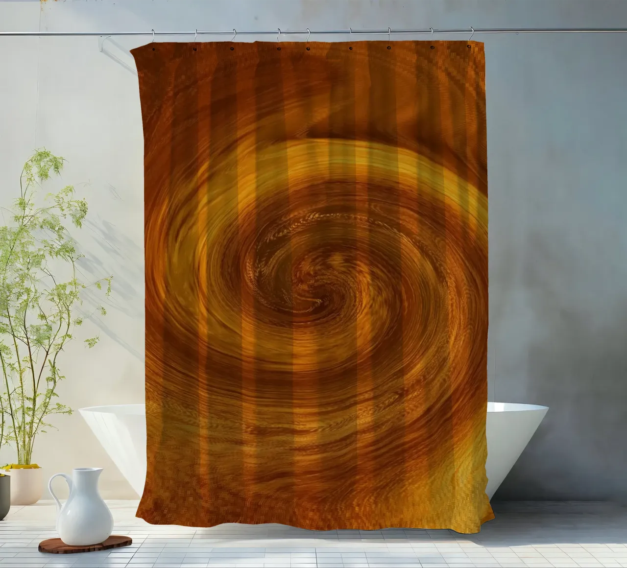 Abstract dynamic twisted pattern in orange and brown shower curtain by Something for you