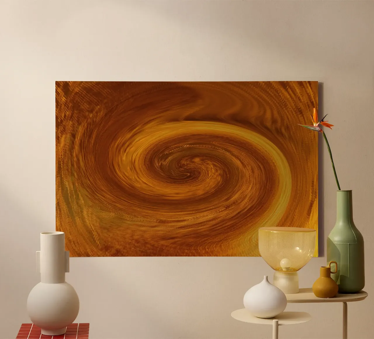 Abstract dynamic twisted pattern in orange and brown canvas by Something for you