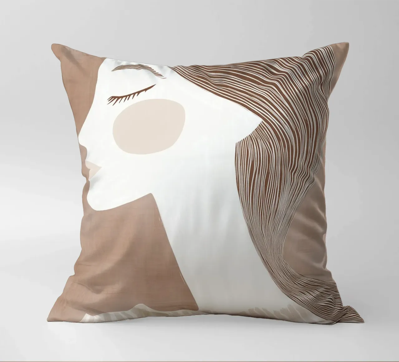 Portrait Coffee Latte Woman | Latte-coloured Line Art decorative cushion by Autofocus
