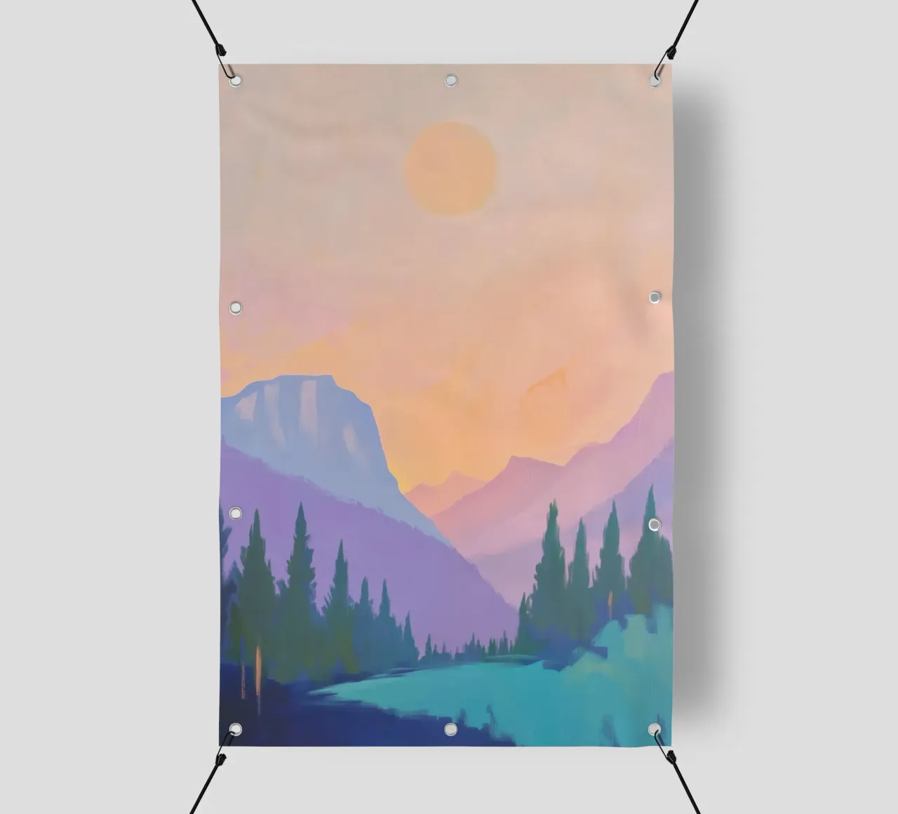 Paesaggio montano con pini telo in pvc da Melloi Art Print
