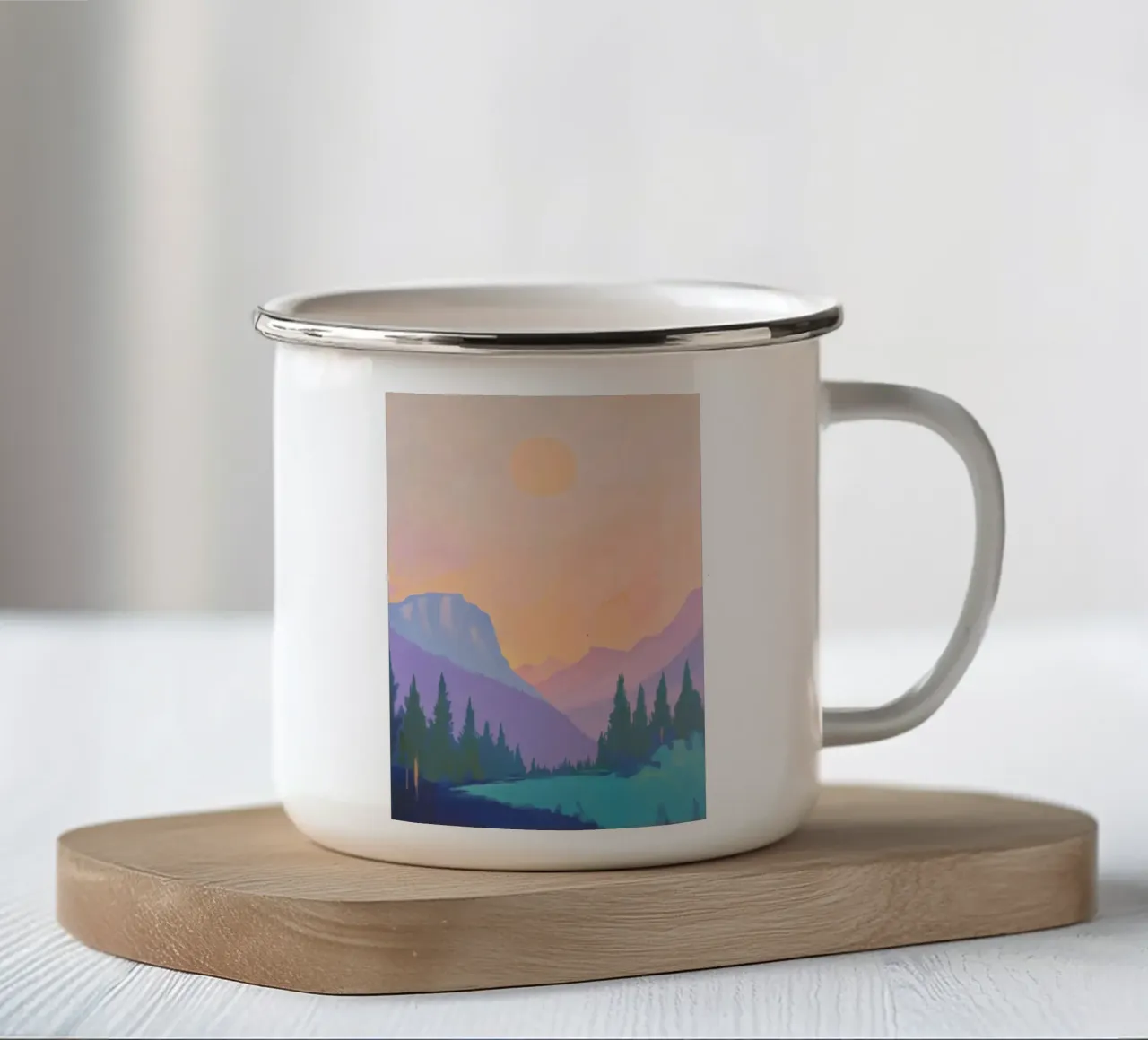 Paesaggio montano con pini tazza in smalto da Melloi Art Print