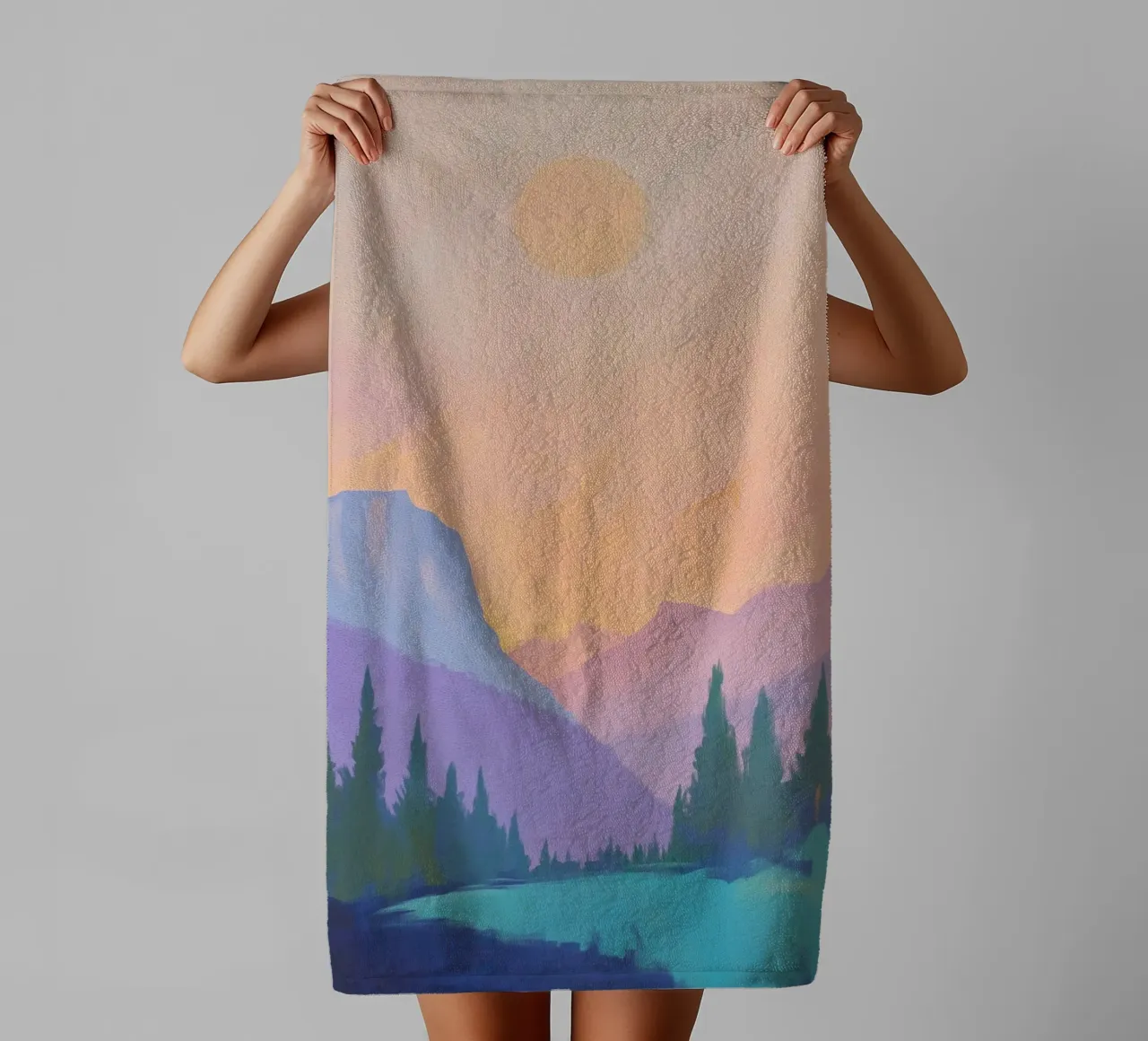 Berglandschap met pijnbomen badhanddoek van Melloi Art Print