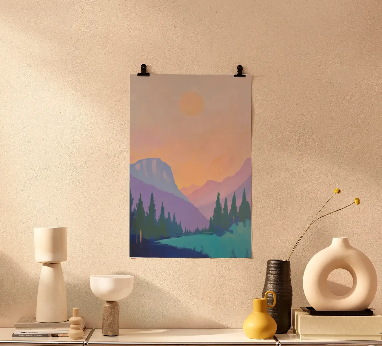 Paesaggio montano con pini poster da Melloi Art Print