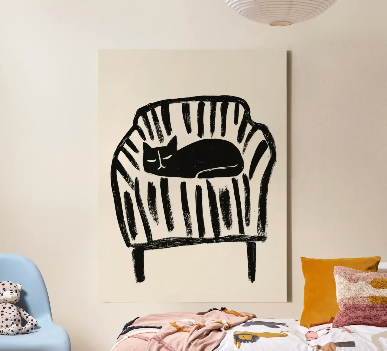 Kattenplek | Zwarte kat in gestreepte fauteuil canvas met Baklijst van Autofocus