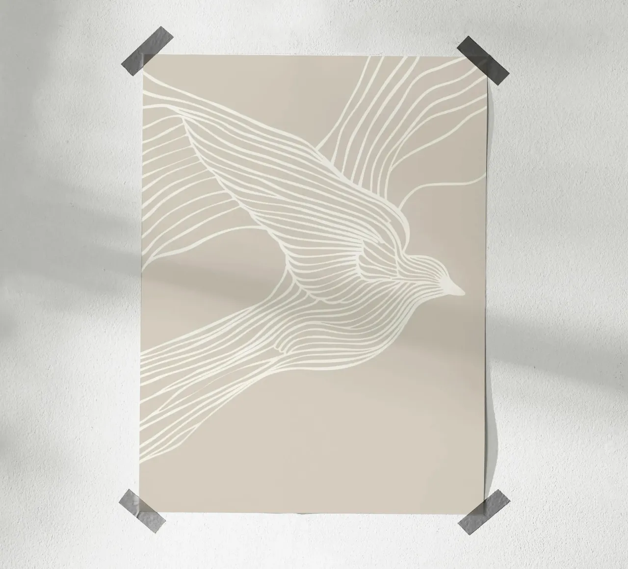 Volo di uccelli - line art in beige poster con telaio in alluminio da Autofocus