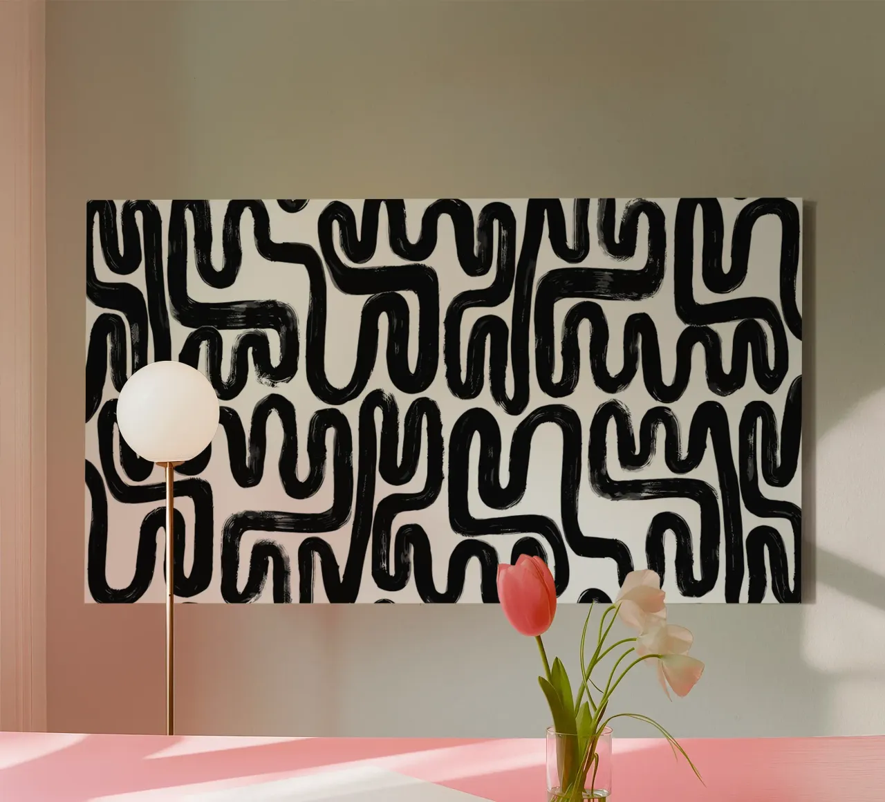 Labyrinth of lines - abstract pattern art in black and white canvas by Kunst und Kontrast