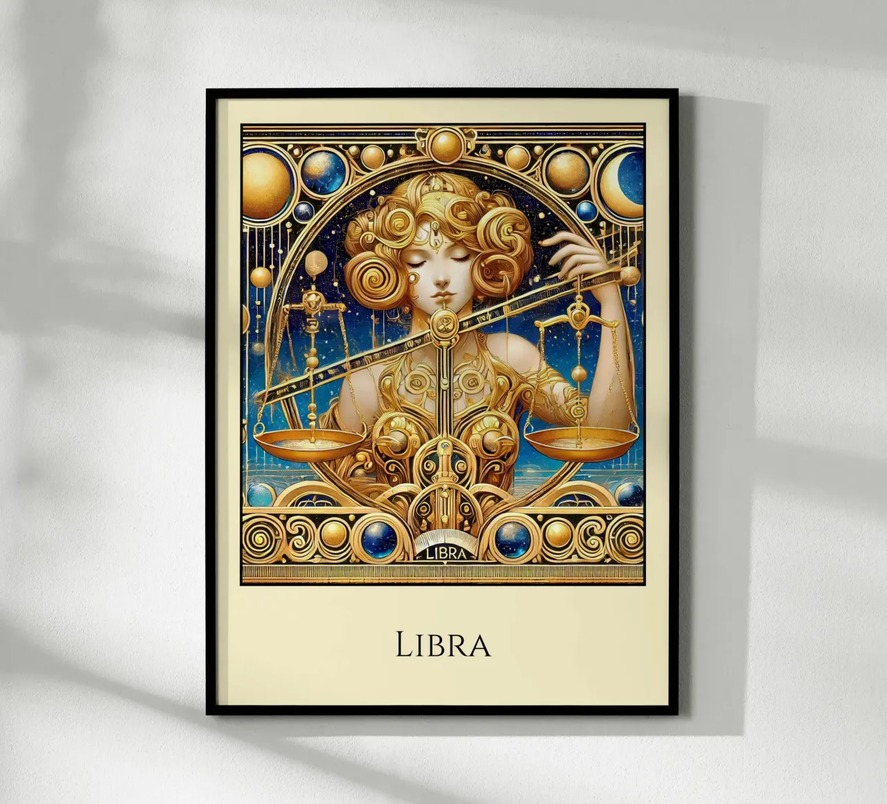 Segno zodiacale Bilancia poster con telaio in legno da Art-Nouveau-Dsg
