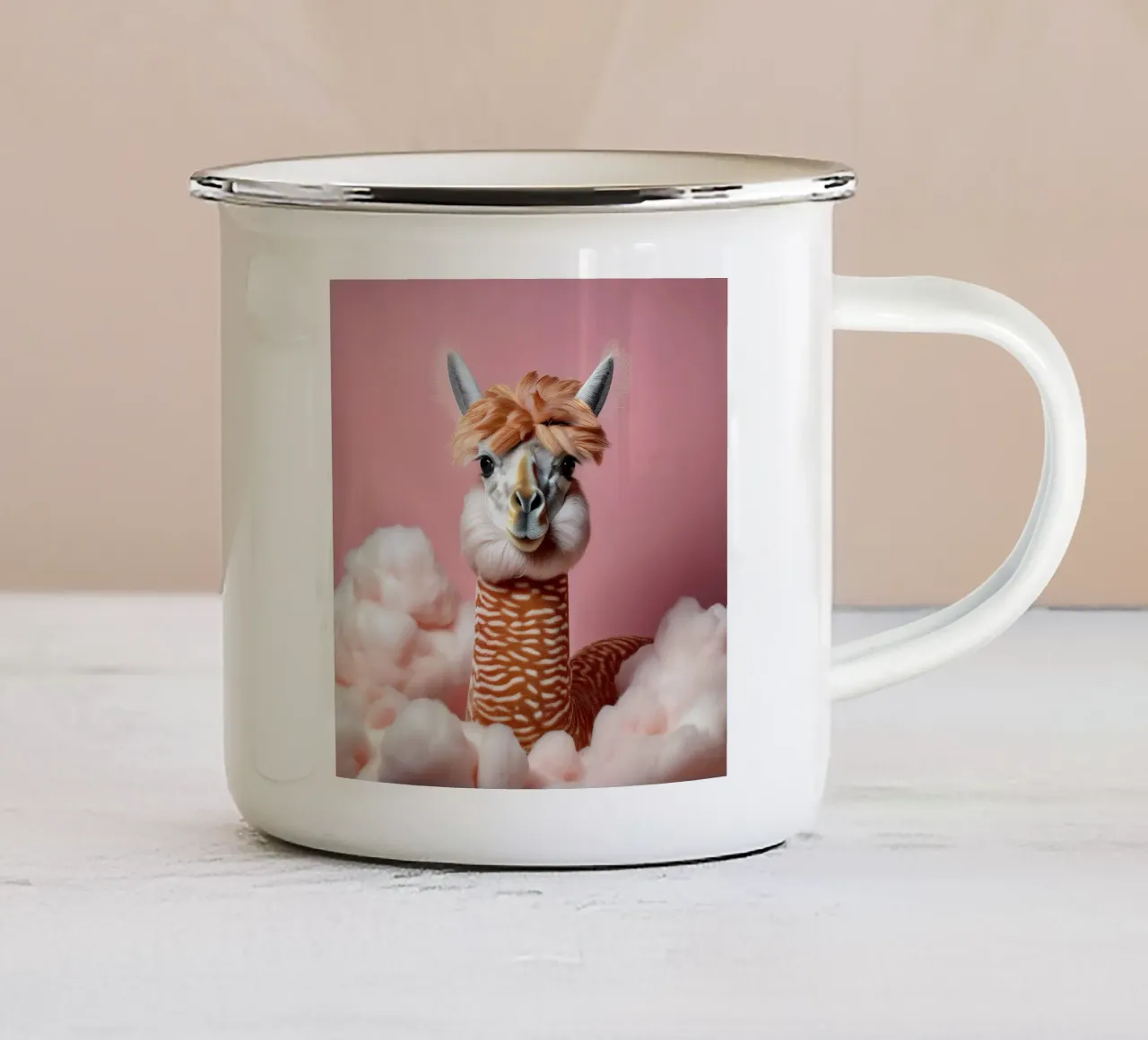 Fluffy Llama in Soft Pink Clouds – Whimsical Wall Art Print enamel mug by FlexiDesignsByK