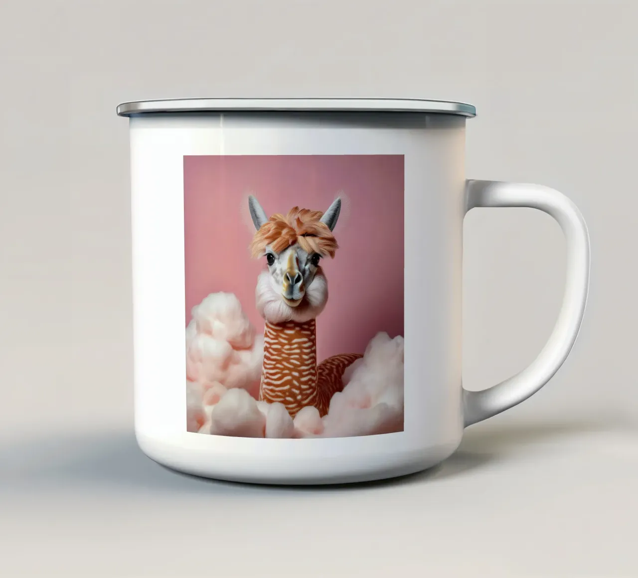 Fluffy Llama in Soft Pink Clouds – Whimsical Wall Art Print enamel mug by FlexiDesignsByK
