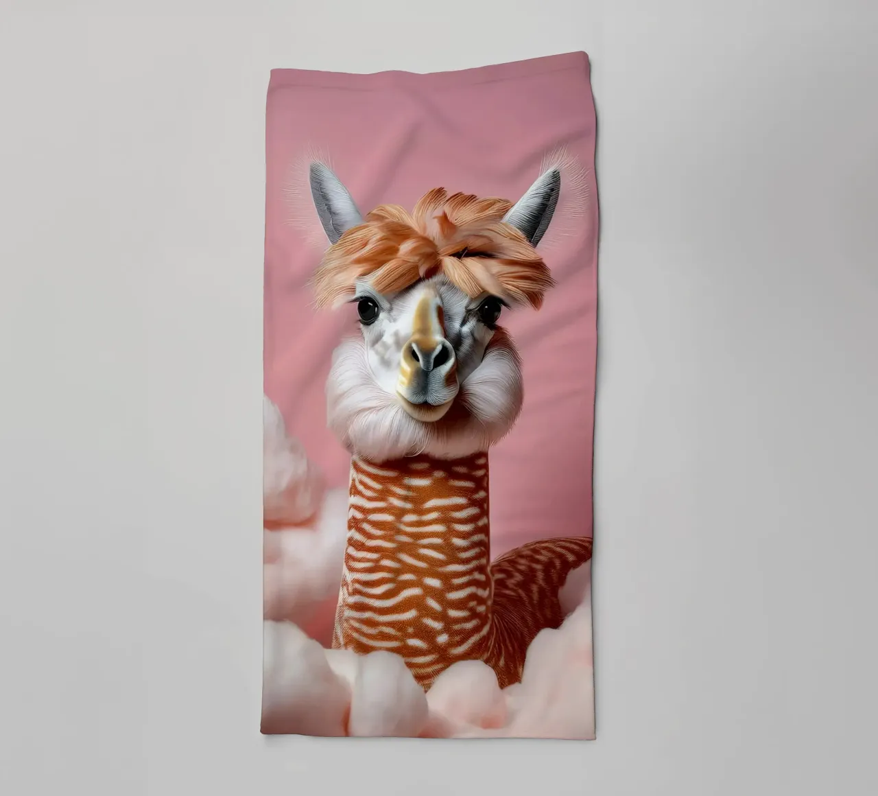 Fluffy Llama in Soft Pink Clouds – Whimsical Wall Art Print towel by FlexiDesignsByK