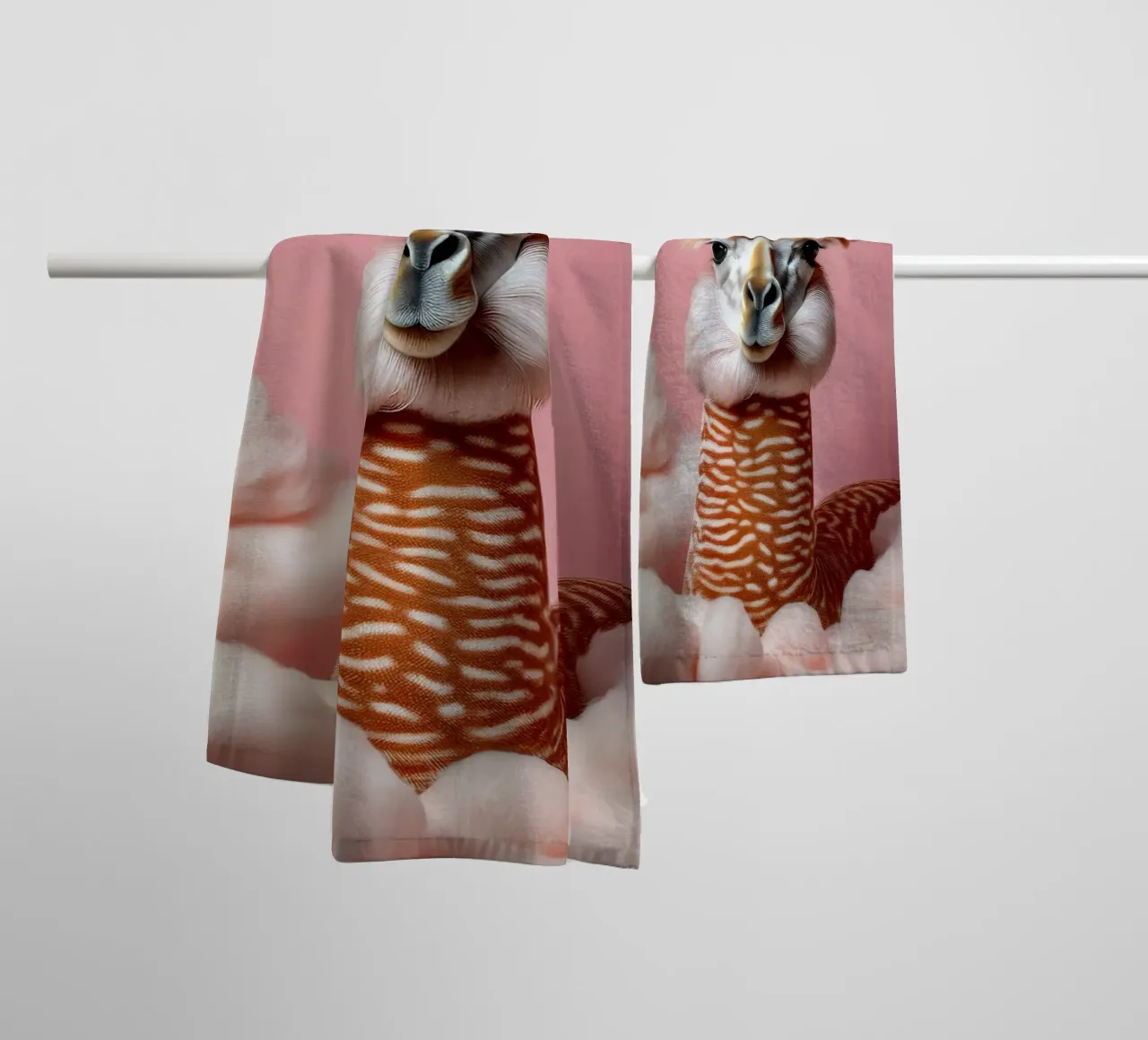 Fluffy Llama in Soft Pink Clouds – Whimsical Wall Art Print towel by FlexiDesignsByK