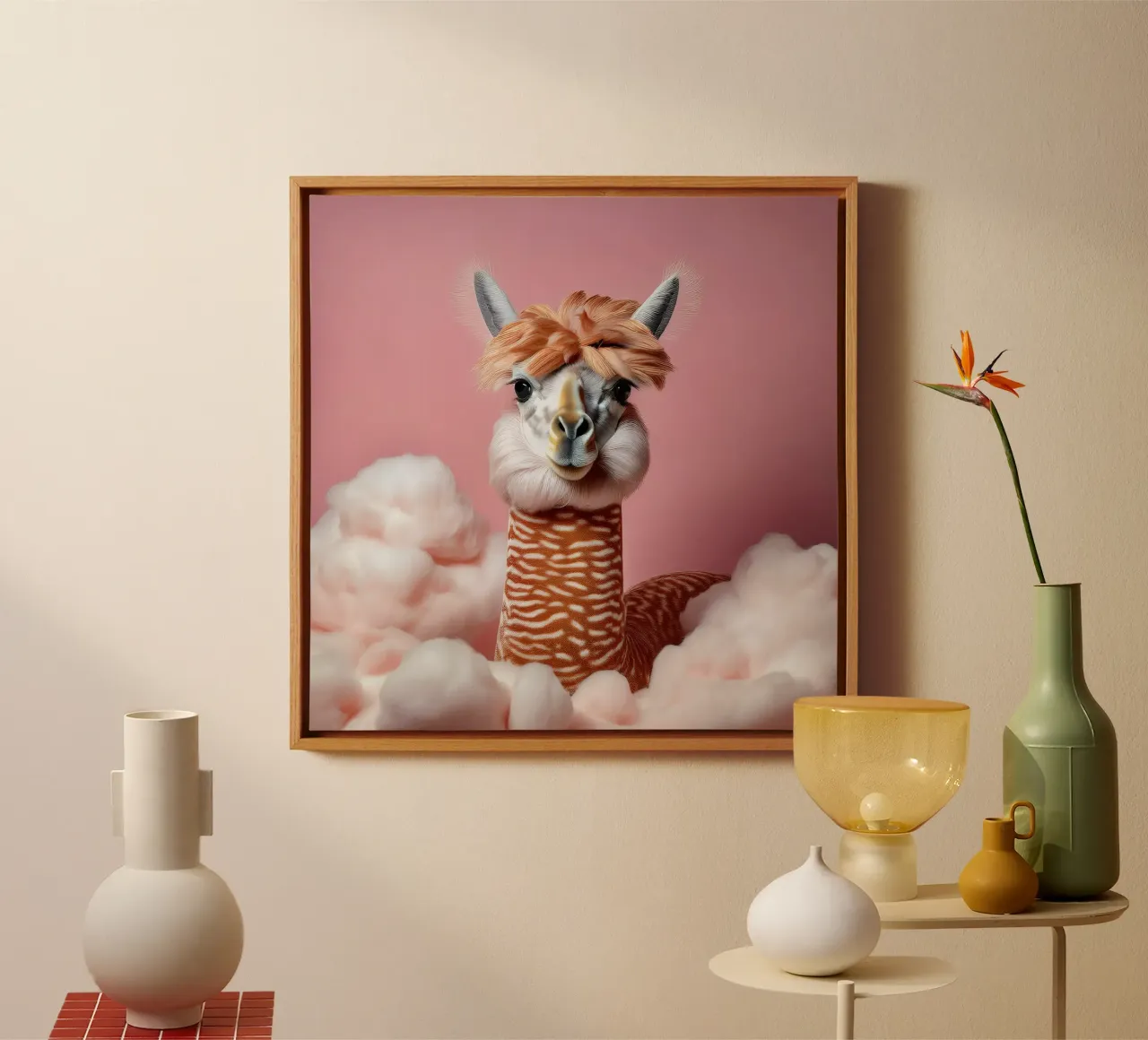 Fluffy Llama in Soft Pink Clouds – Whimsical Wall Art Print canvas with Floater frame by FlexiDesignsByK