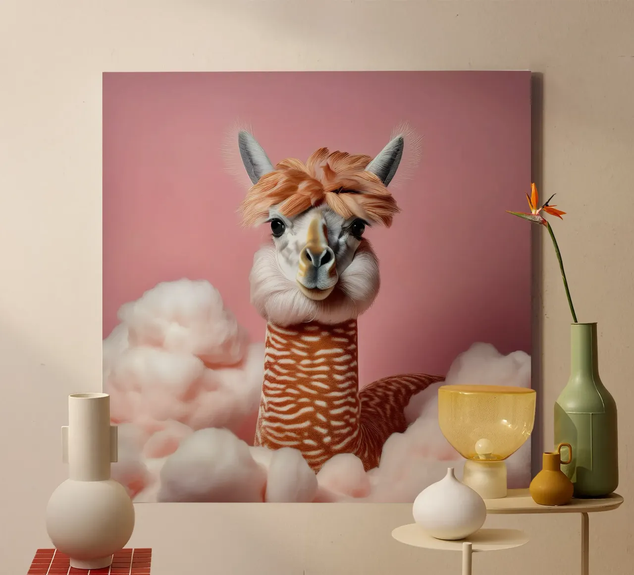Fluffy Llama in Soft Pink Clouds – Whimsical Wall Art Print canvas with Floater frame by FlexiDesignsByK
