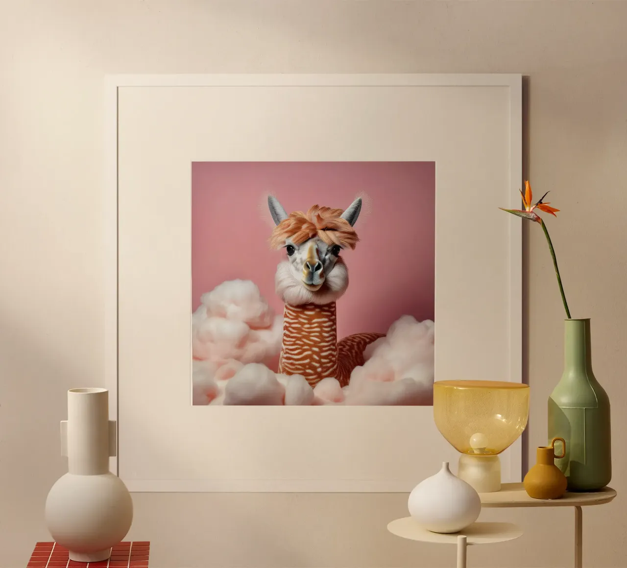 Fluffy Llama in Soft Pink Clouds – Whimsical Wall Art Print poster by FlexiDesignsByK