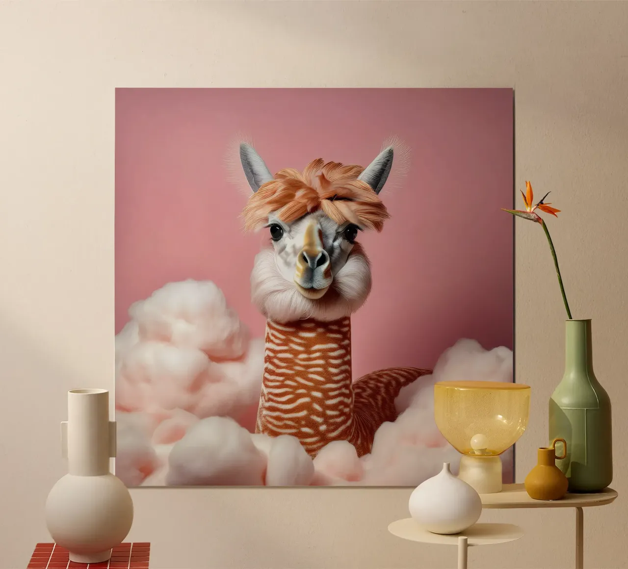 Fluffy Llama in Soft Pink Clouds – Whimsical Wall Art Print poster by FlexiDesignsByK