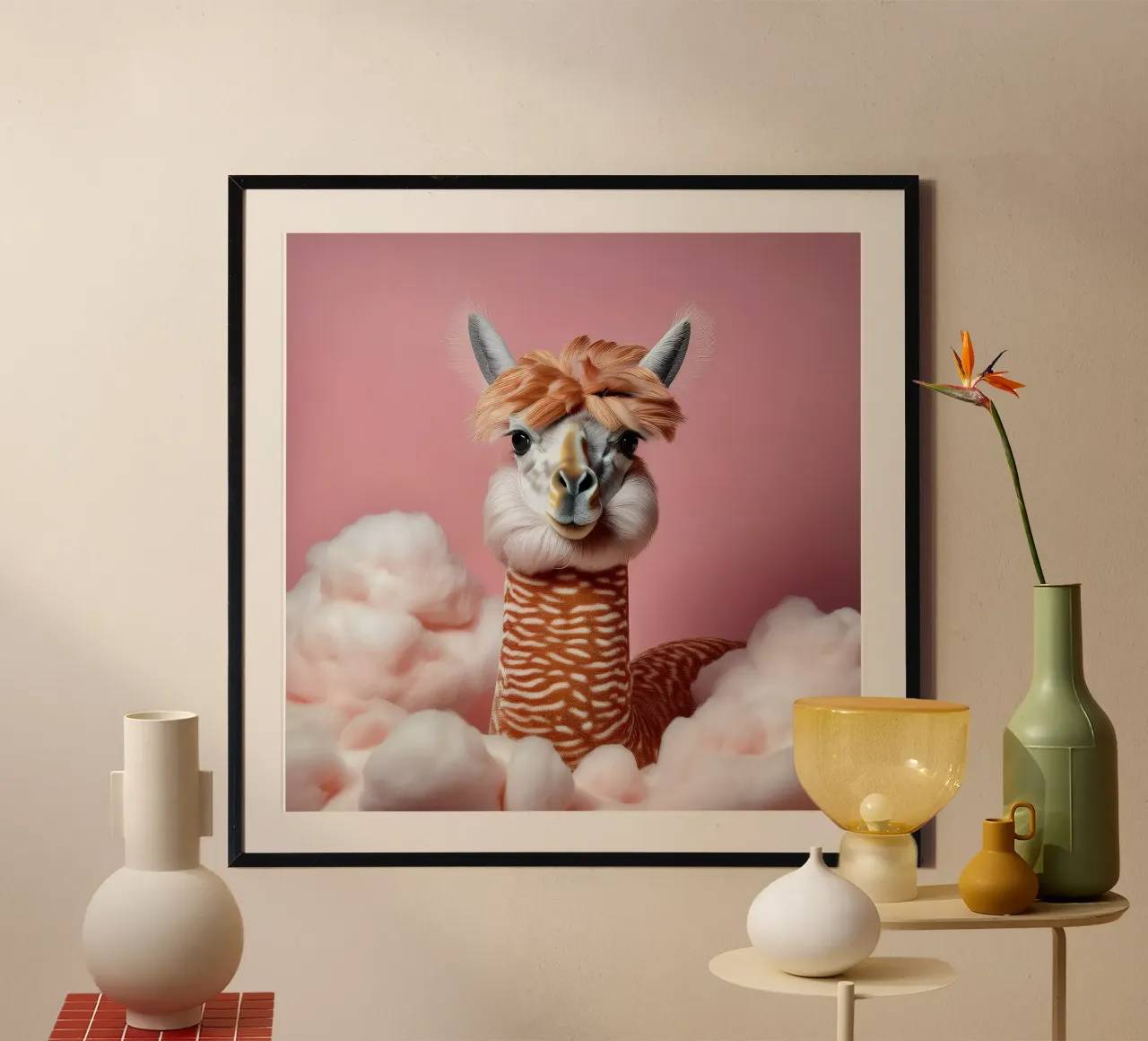 Fluffy Llama in Soft Pink Clouds – Whimsical Wall Art Print poster by FlexiDesignsByK