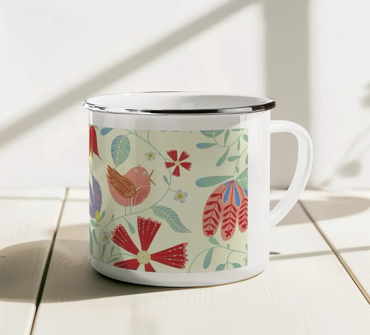 Floral Birds enamel mug by nicigabrieldesigns