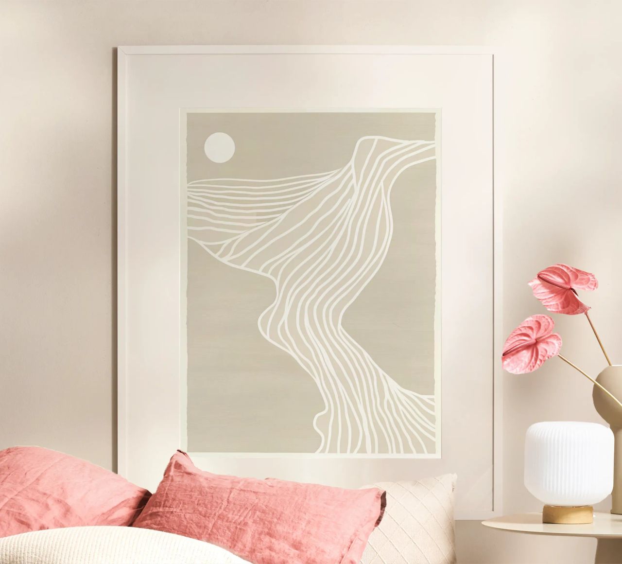 Beige Minimalistic Beach Sunset Line Art Poster von Autofocus