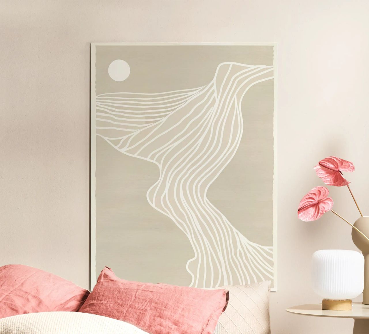 Beige Minimalistic Beach Sunset Line Art Poster von Autofocus