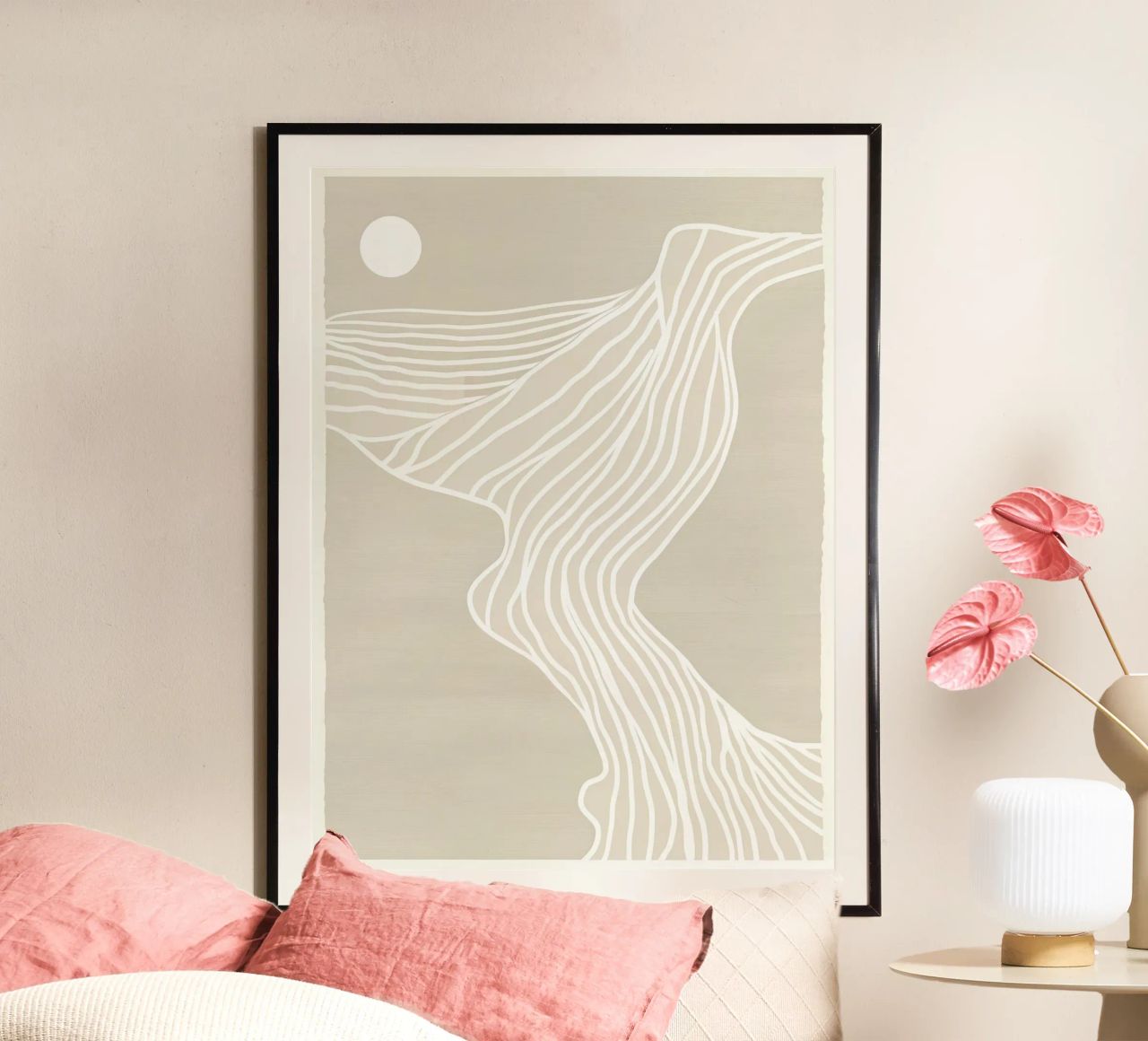 Beige Minimalistic Beach Sunset Line Art Poster von Autofocus