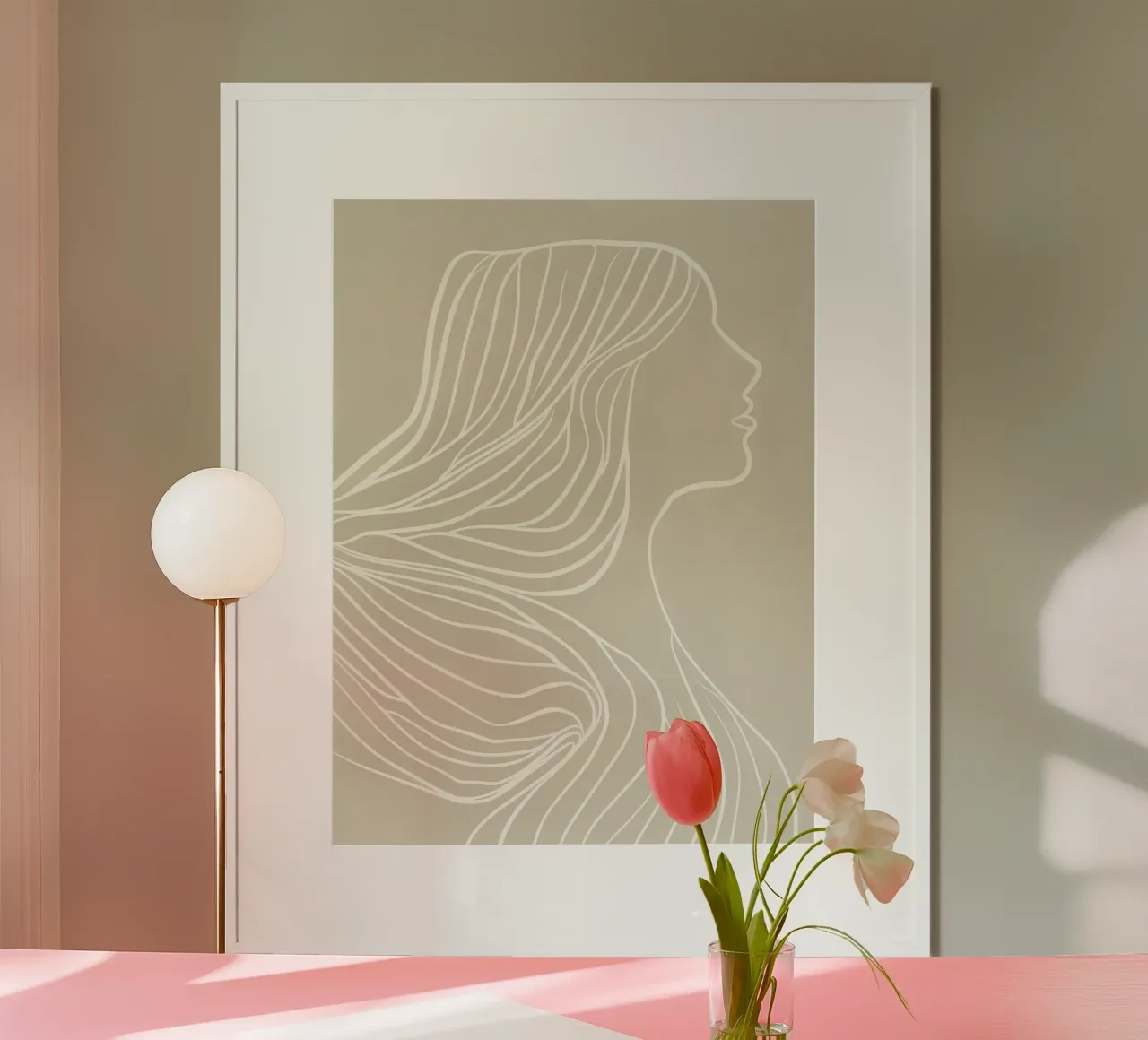 I vostri capelli lunghi | Line art minimalista in beige poster con telaio in legno da Autofocus