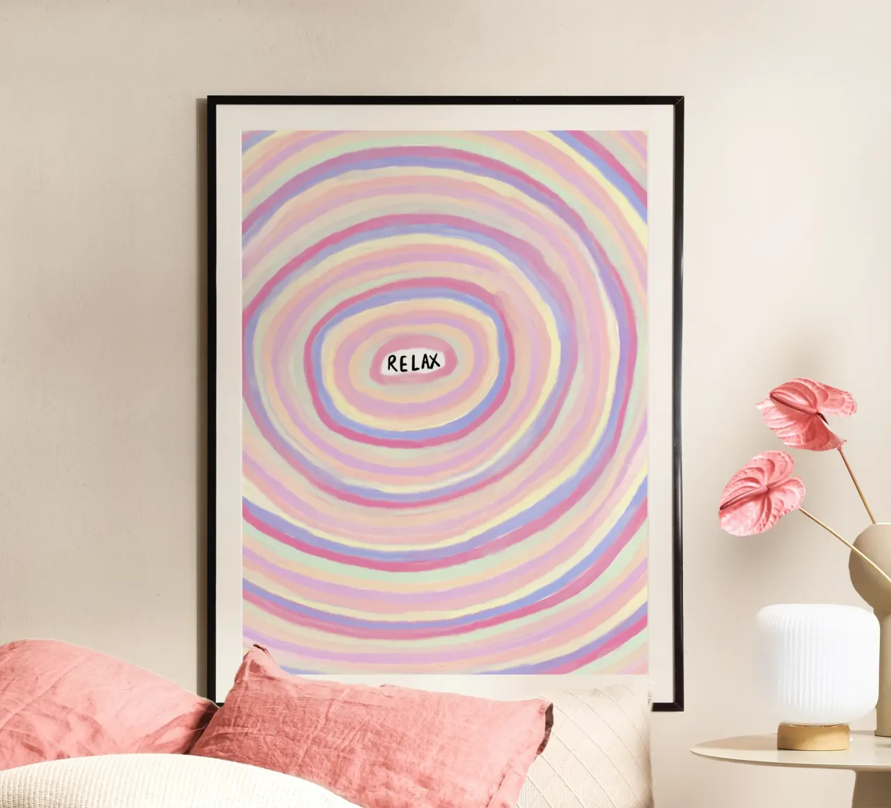 RELAX: Coloured spirals for inner peace poster with plastic frame by Studio Mooodz