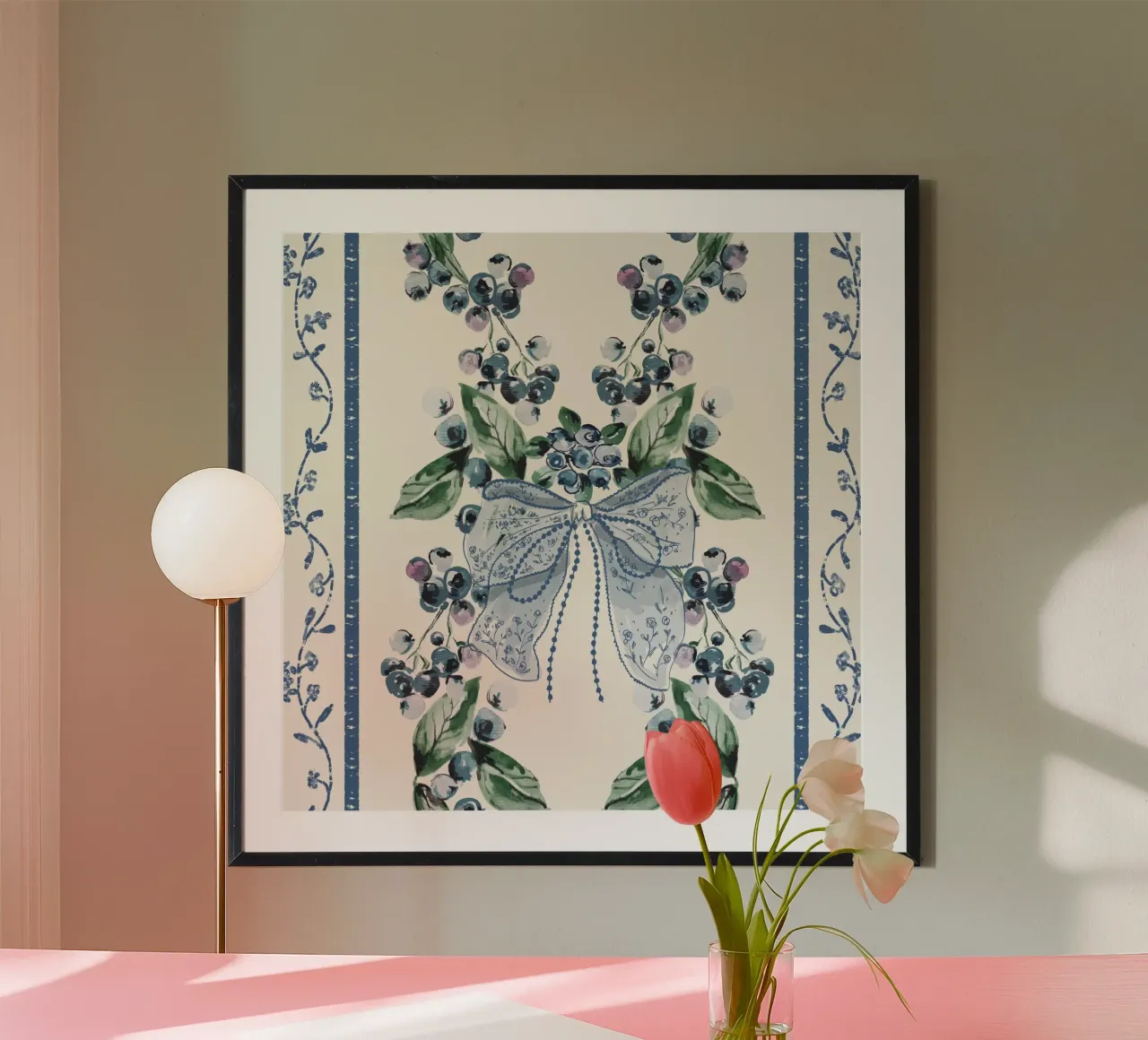 Blueberries Stripes and Blue Bows poster with plastic frame by anisillustration
