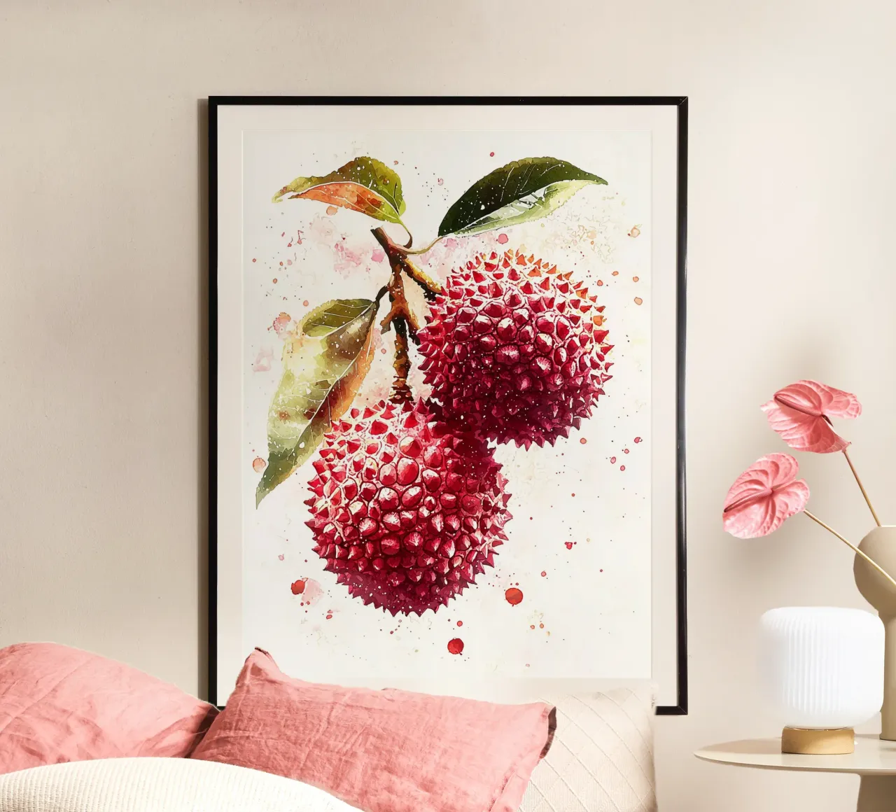 Illustrazione ad acquerello di litchi poster con telaio in alluminio da Spice & Style